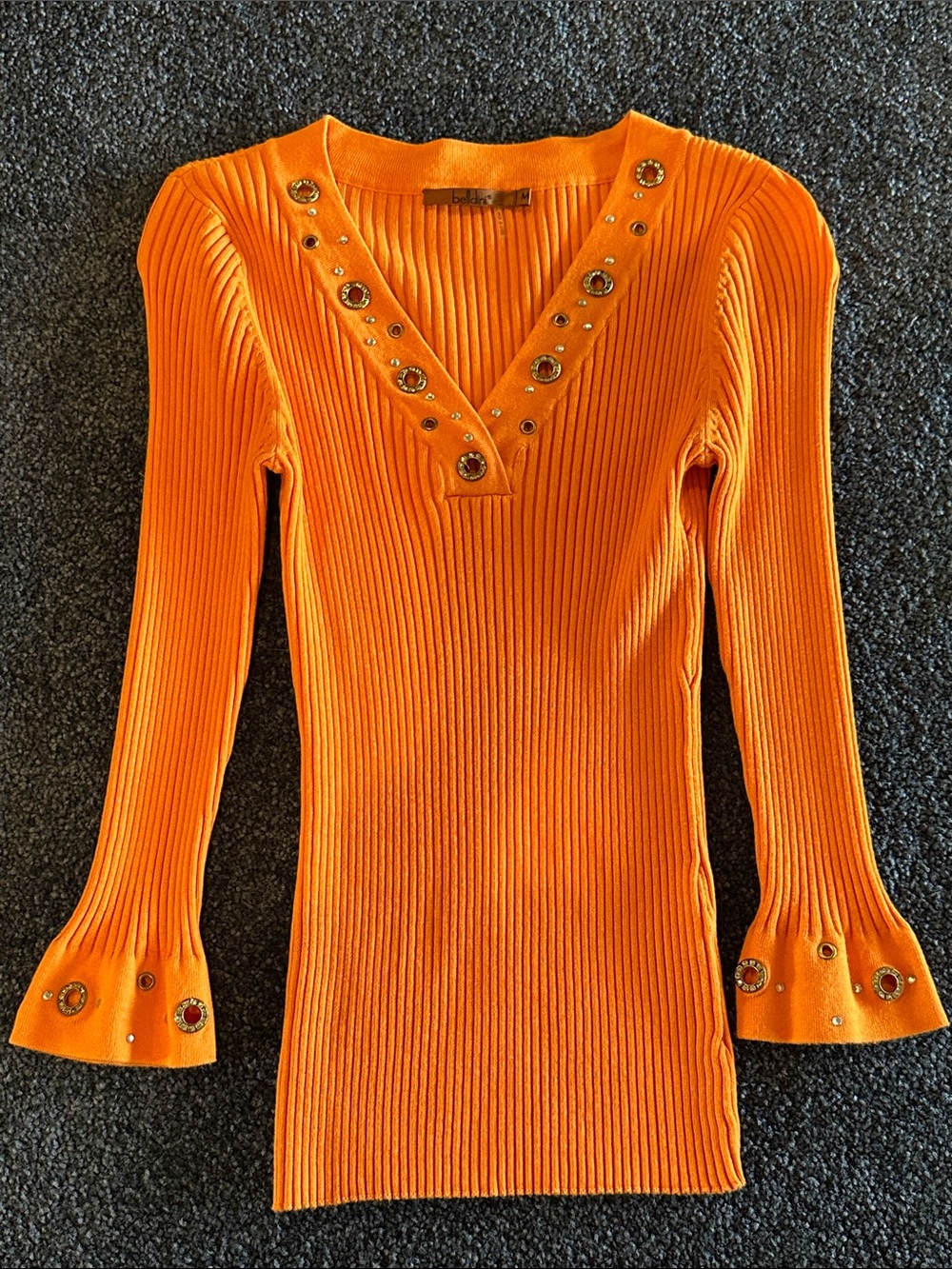 Belldini Ribbed V-Neck Sweater Top - Orange
